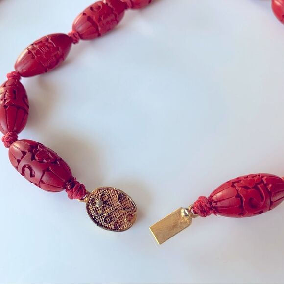 Vintage Chinese Carved Cinnabar Bead Necklace - Picture 5 of 6